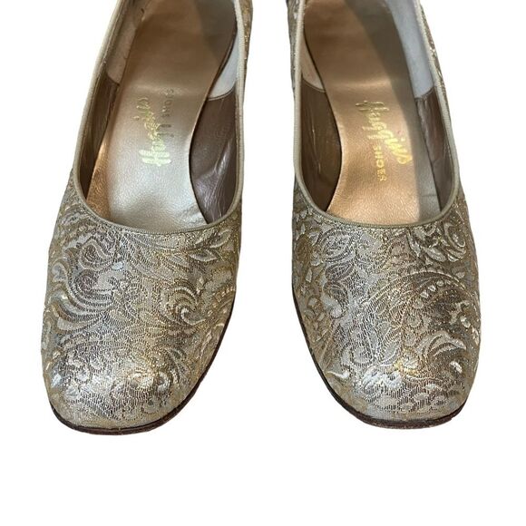 Huggins Shoes Dressy Heels Champagne Silver Gold Embossed Tapestry, size 6.5AAA - Picture 3 of 10